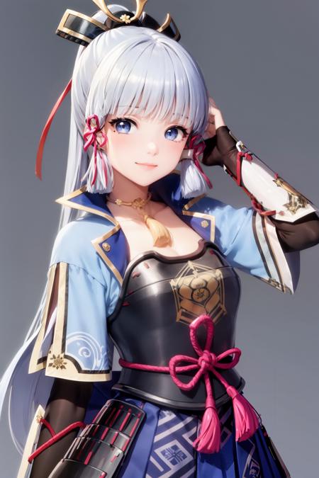 masterpiece, best quality, <lora:AyakaKamisato:1>,kamisato ayaka,1girl,long hair,blue hair,ponytail,hair ribbon, hair ornament,mole under eye, blue eyes,breastplate,armor, short sleeves,japanese clothes,blue skirt, tassel,gloves, arm guards, grey background, upper body, smile,closed mouth,