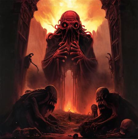 high-res,masterpiece,best quality,<lora:sdxl_lora_beksinski-000018:0.8>,
(giant monsters),hell,dust,ruins,red tones,terror,flames,blood,cthulhu,