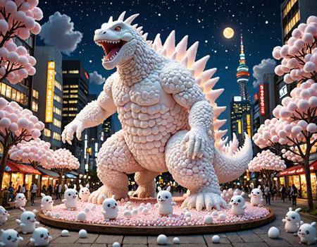 A gigantic Godzilla stomping through downtown Tokyo at night BREAK anime artwork professional 3d model I've created a whimsical digital art scene for you. Imagine a world crafted entirely from fluffy, soft marshmallowss  <lora:The_world__marshmallows:1><lora:add-detail-xl:1>