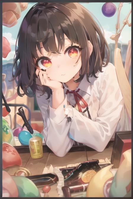 masterpiece, tama5 a girl with brown eyes and a white shirt and a background of objects and objects, 1girl, bangs, black_hair, border, closed_mouth, cosmetics, head_rest, looking_at_viewer, portrait, short_hair, solo, dynamic shot, <hypernet:myhands_22k:0.75> <lora:tama5:1>