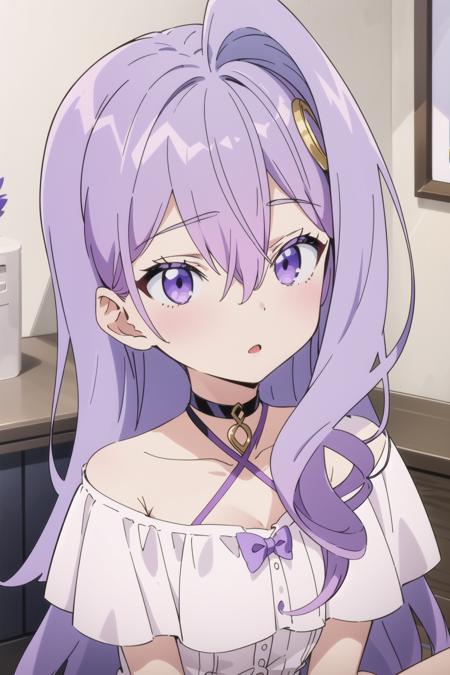 Silk, 1girl, purple eyes, purple hair, collarbone, hair intakes, hair between eyes, puffy short sleeves, white dress, black choker, long hair, <lora:Silk:0.6>