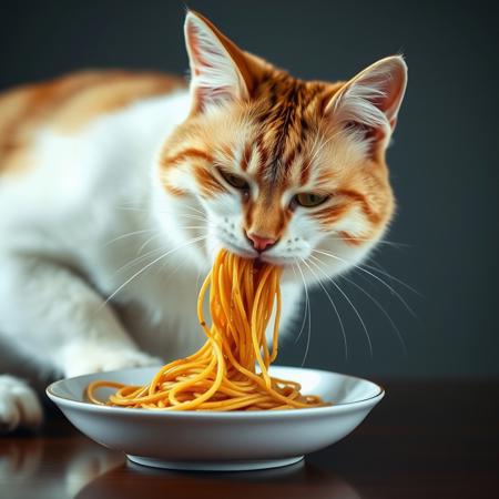 A cat eats spaghetti, realistic, real photo