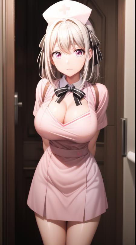 masterpiece, 1girl, solo, lily, medium-length silver hair, two black ribbons on each side of her head, a white lily above her right ribbon, pink eyes, large breasts, nurse uniform, nurse cap, standing, arms behind back, indoors, cleavage