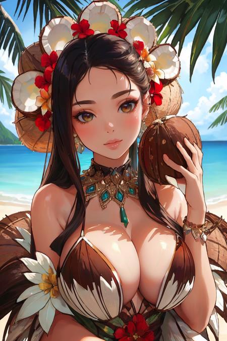 edgcononuts, woman wearing a tropical dress made of coconuts ,wearing edgcononuts