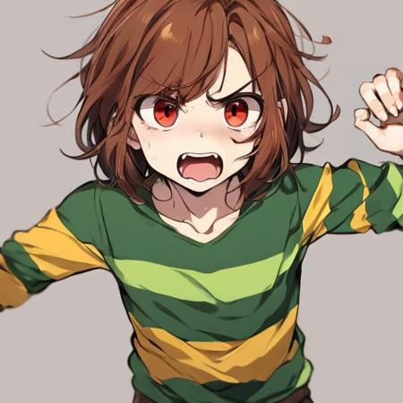 chara undertale red eyes brown hair short hair striped shirt