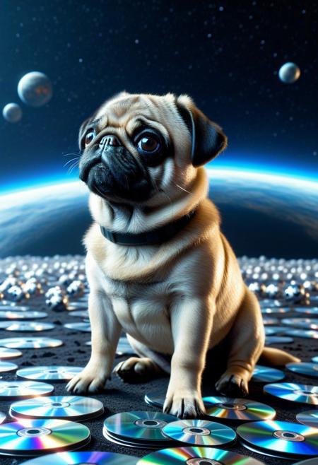 made of cd's, (Countless CDs:1.3), closeup cute small pug puppy, from side, on cd planet ground, spaceship, space background, cinematic, cinematic lighting, (masterpiece, best quality:1.4), ultra-high res, 4k, Photorealistic, insanely detailed, sfw,