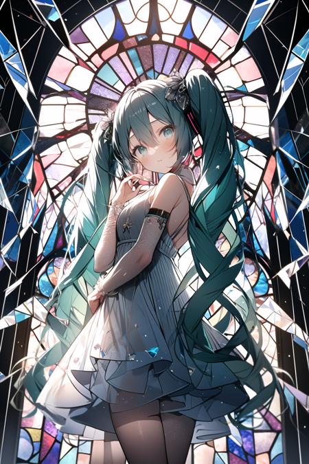 broken_miku_cracked_glass_like_,1girl, solo, dress, hatsune miku, long hair, twintails, stained glass, white dress, looking at viewer, very long hair, hair ornament, bangs, aqua hair, detached sleeves, bare shoulders, cowboy shot