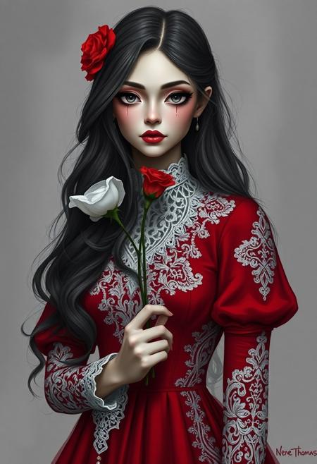 a woman in a red dress holding a flower, digital art, inspired by Nene Thomas, tumblr, gothic art, gray scale, dressed in white intricate lace, beauty woman with detailed faces, with long hair, photo pinterest, detailed airbrush art, cartoon art, detailed artwork, instagram art