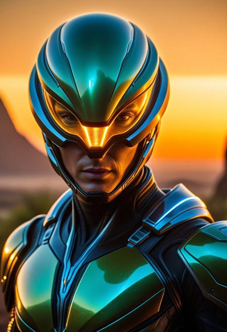 32k photo-realistic, high definition, hyper-realistic full-frame photo of a Non-Human Special Forces Super Model in a Sci-fi genre, depicting a Medium close-up shot of a hyper-realistic brave alien superhero, intricate head Alien futuristic design, wearing iridescent armor that shimmers under a twin sunset. The superhero's expression is fierce, showcasing sharp features and glowing markings on their skin. The background features a sprawling alien city with towering crystalline structures and vibrant flora. The lighting is a blend of warm golden hour and bioluminescent glows from the surroundings, emphasizing the details of the hero's costume and the rich textures of the alien environment.