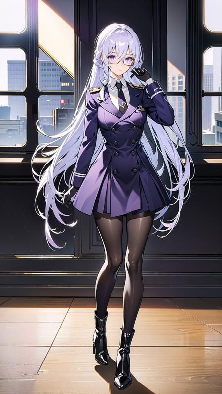 masterpiece, best quality,hoduraether, 1girl, solo,Full body, pantyhose, long hair, necktie,standing, indoors, black footwear, boots, gloves, double-breasted, armband, buttons, braid, black uniform, glasses, bangs, long sleeves, shirt, black pantyhose, hair between eyes, collared shirt, purple eyes, white shirt, black gloves, purple necktie, white hair, military uniform, black pantyhose, <lora:HodurAetherGazerV1-000008:1>