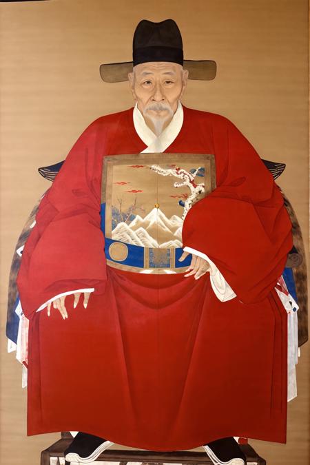 best quality, highres, painting of 1 old man,  full body, red Chinese clothes,  hanfu, xiaoxiang,  <lora:Xiang:0.9>, mingstyle, black hat, mandarin square