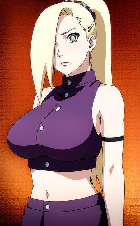 1girl, blonde hair, ponytail, aqua eyes, big breast, small waist, wide hips, purple crop top, purple skirt, thighhighs, white heels, ((detailed face and eyes:1.5)), intrincate details, best quality, high resolution, anime ilustration, anime style, ino yamanaka, <lora:Ino_Yamanaka-10:1>