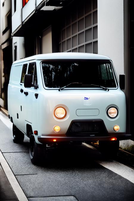 ((UAZSGR)), <lora:UAZSGR:.8>, (STANCE)  ((low-slung van)), on a narrow kyoto alley, japanese architecture, foggy street at night, bokeh, depth of field, 1 car,