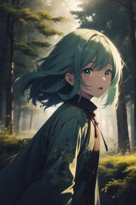 best colors, vibrant, anime screencap, 1girl, glowing expression, excited, indigo and Moss green, pattern background, textured clothing, hairstyle, stylish, precedence