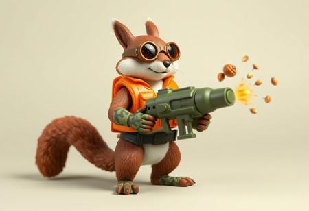 1990s-style action figure toy of an anthropomorphic squirrel dressed as a forest-themed nut defender superhero. The squirrel wears an orange utility vest, forest camo gloves, and goggles, holding a walnut-shell cannon that fires acorn projectiles and confetti nutrient bursts. Stylized accessories mini pumpkin grenades, and a belt of seeds. Bright colors, nostalgic aesthetic, detailed toy design, whimsical and heroic style, bold comic-book shading. Clean background. Frontal view. 4:5 aspect ratio --v 5 --style 90s --ar 4:5