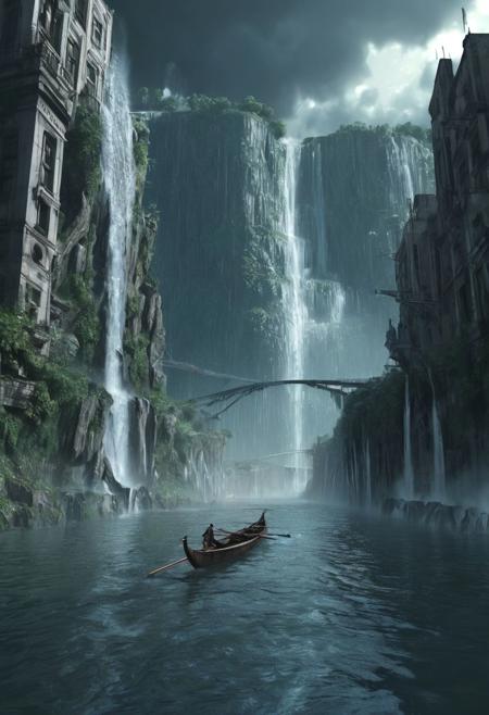 Hyperdetailed Matte Painting (1.4): Render the scene in a hyperdetailed 8K matte painting style, capturing the intricate details of thePanoramic night scene of a sci-fi city . A majestic waterfall cascades down a central skyscraper, its water illuminated by the moonlight. Intricate details on the waterfall evoke The cityscape stretches out on either side, bustling with futuristic activity. Selective focus blurs the background, drawing attention to the waterfall and the city in the foreground. The scene is incredibly detailed, high quality, and in 4K resolution.
venetian type rowing boat in the middle
Epic Scale and Mystery (0.9): Emphasize the epic scale of the metropolis and its surrounding environment, while hinting at the mysteries of the lost civilization that built it.
