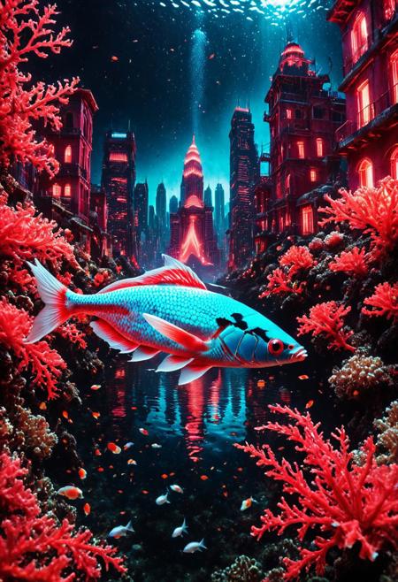 masterpiece, best quality, very aesthetic, absurdres,(score_9, score_8_up, score_7_up), createconcept, addmicrodetails, epic background, (underwater) cityscape with colorful red corals buildings, a (fish) covered in red corals, glowing eyes, vivid eye color, (beautiful eyes:1.2), (gradient iris, crisp iris edges), confident pose, action dynamic pose, lazypos, (underwater, under water),
