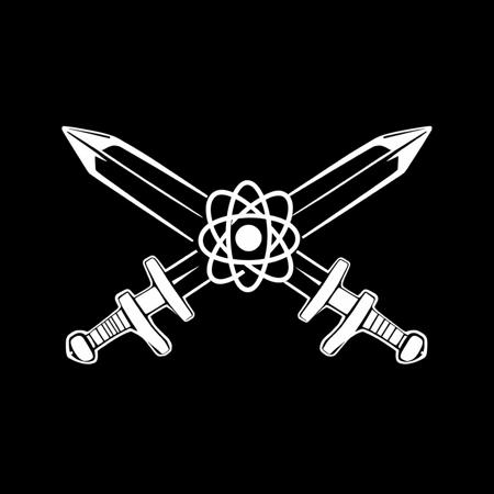 (stylized logo, emblem, vector art), (symbol of a crossed swords), (solid colors, thick-linework), white outline, black background, 
crossed swords with the emblem of the atom symbol white in the center, heraldic, black background, HDR, UHD,