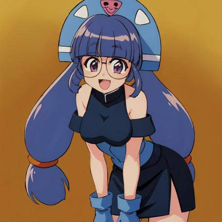 (masterpiece), (best quality), gluko_moncolle, 1girl, solo, breasts, looking at viewer, blue headwear, smile, open mouth, blue gloves, hat, bare shoulders, twintails, :d, cowboy shot, outdoors, glasses, skirt, blunt bangs, leaning forward, orange background  <lora:gluko_moncolleknights:1>