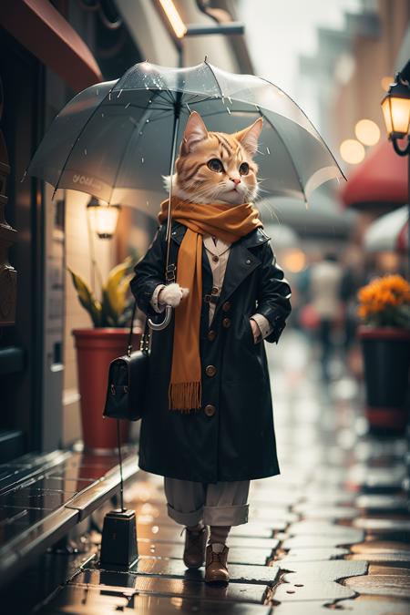 HDR,UHD,8K,Highly detailed,realistic,photo-realistic:1.37),best quality,<lora:catman:0.75>,masterpiece,maomi,scarf,umbrella,blurry,holding,blurry background,outdoors,transparent umbrella,transparent,holding umbrella,boots,standing,solo,brown footwear,coat,pants,blue scarf,