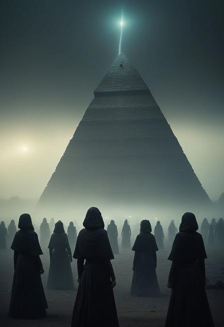 ultra realistic 
Dark Sci-Fi.
In a small, rural town nestled in the heart of the countryside, something strange is happening. Women of all ages and backgrounds are walking around in a hypnotic state, their arms outstretched and their eyes glazed over. They move in a slow, rhythmic trance, completely unaware of their surroundings.
As they walk, they are drawn towards a mysterious glowing pyramid that has appeared in the sky. The pyramid emits a powerful, otherworldly energy that seems to be controlling the women's movements.
The townsfolk watch in awe and confusion as the women gather beneath the pyramid, forming a circle around its base. They begin to chant in a language that no one can understand, their voices rising and falling in a hypnotic cadence.
As the chanting reaches a fever pitch, the pyramid begins to pulse with energy, sending out waves of light and sound that seem to penetrate the very fabric of reality. The women sway and dance in time with the pulses, lost in a trance-like state.
No one knows where the pyramid came from or what it wants, but one thing is clear: it has a powerful hold over the women of the town, and they are powerless to resist its call.
 faded film, desaturated, 35mm photo, grainy, vignette, vintage, Kodachrome, Lomography, stained, highly detailed, found footage