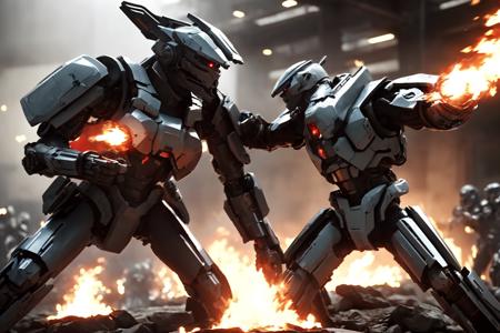 sci-fi, mecha battle , fire, soldiers, fighting, action scene