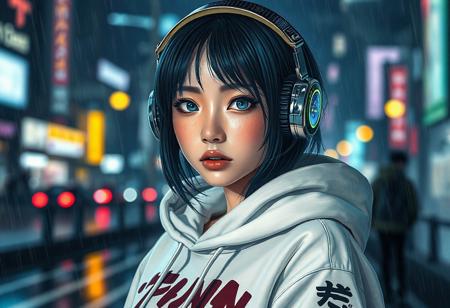 Half-Japanese female hacker. More Caucasian with freckled nose and cheeks. Teal lipstick. Aged 28. Cyberpunk clothing. Hi tech chrome and carbon fibre one eared headset. Bold graphic styled Hoodie with Japanese lettering down a sleeve and a bold golden stripe down each sleeve   The girls eye pupils have swirling Galaxy of stars and specks floating in a nebula pattern   Posed in front of a Rainy city at nite