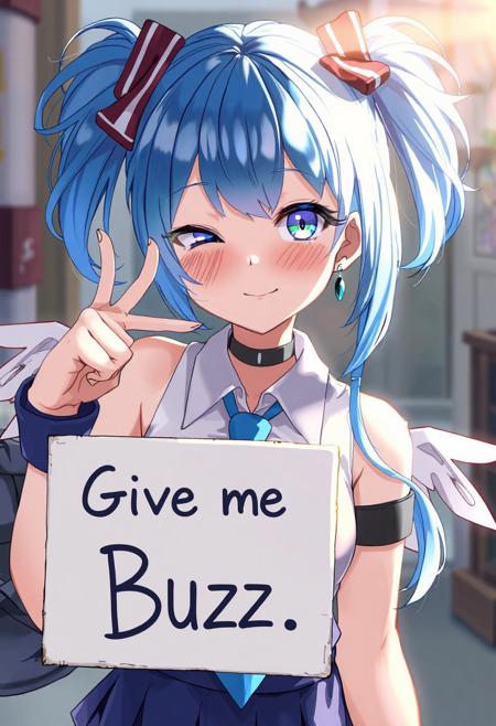score_4,score_5,score_6,score_7_up,score_8_up,score_9 ((masterpiece,best quality,ultra detailed,highres,HD,4k:1.2)), 
1 girl,solo,face focus,
bbangel, blue hair, streaked hair, twintails, hair bow, earrings, facial mark, wings, breasts, choker, bare shoulders, blue necktie, collared shirt, white shirt, dress, sleeveless, arm strap, wrist cuffs, blue skirt, blue thighhighs
(("Give me Buzz.",Beggars Borad,Holding a sign, holding a sign that says, "Give me Buzz."))
wink,happy,blush, looking at viewer, smile,