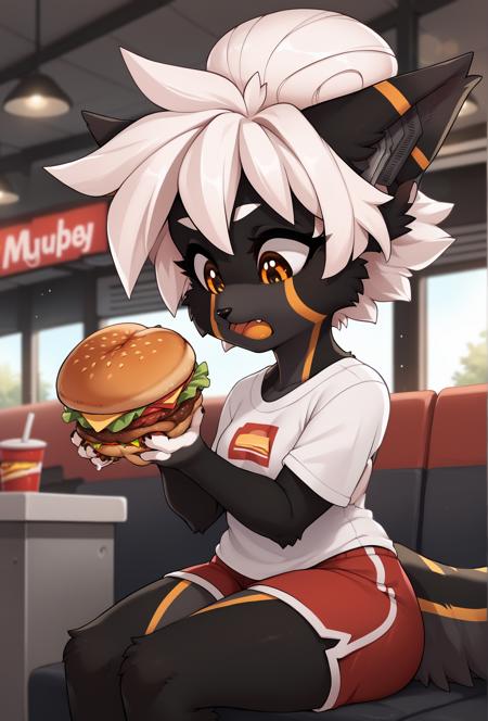 fkwarning, black fur, white hair, hair bun, orange eyes, shortstack