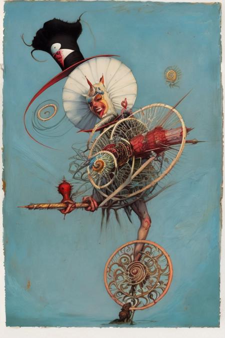 <chodev2v75r>(Lowbrow art, lowbrow, Ray Caesar, oilpainting, Michael Hussar,, small hat, pinwheel, spiral, (thorns:0.50) at feet, cadmium red linen, nipples, sensitive, face makeup, (levitation), Mark Ryden, Greg Craola Simkins, Troy Brooks, )
-((Junji ito), chest hole pectus excavatum, Bindi, necklace, helmet, bald, collar, 3dRender, bad anatomy, hdr, contrast, BAD_IMAGE, bad hands)
Steps: 20, Sampler: DPM++ 2M Karras, Guidance Scale: 6.5, Seed: 2857783643, Size: 640x960, Model: ps85_fp16_f16.ckpt, Strength: 1.0, Seed Mode: NVIDIA GPU Compatible