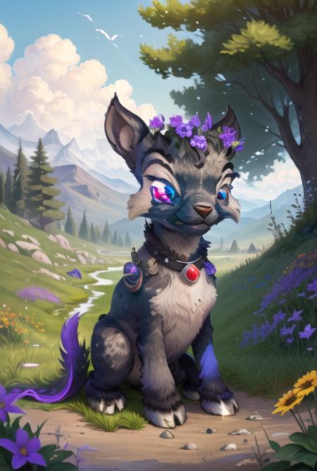 (masterpiece, best quality, highly detailed:1.0), ixi, <lora:Ixi:0.70>, montana, streams, clouds, bluish sky, few flowers, grazing, goat eating grass,black fur, white spots, bright violet eyes