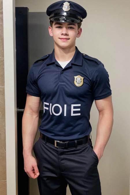 realistic, sfw, an attractive 18 years old fit caucasian boy standing, smug, full body shot, police uniform, <lora:down_ethan_lora:0.7>, down_ethan,