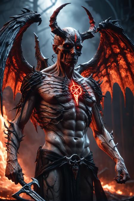 Horror-themed realistic photo of a evil demon with rotting angel wings and holding a scythe,glowing red pentagram burns like lava on his chest piece,unreal engine 5 quality render cinematic lighting 8k resolution concept art by giger trending on cgsociety,dramatic light,hdr,vivid color scheme,cyberpunk,neon noir style,sci-fi atmosphere,hyper realism,octane,god rays,volumetric,golden ratio,cool 4d,retrowave,in the year 2021,award winning masterpiece,depth,deep focus,black metal,true to life,natural skin,high detailed body,very detailed scene,shadows,detailed background,highly detailed skin,accurate to life,living image,amazingly lifelike .,glow effects,godrays,Hand drawn,render,8k,octane render,cinema 4d,blender,dark,atmospheric 4k ultra detailed,cinematic,Sharp focus,big depth of field,Masterpiece,colors,3d octane render,4k,concept art,trending on artstation,hyperrealistic,Vivid colors,extremely detailed CG unity 8k wallpaper,trending on CGSociety,Intricate,High Detail,dramatic . Eerie,unsettling,dark,spooky,suspenseful,grim,highly detailed,