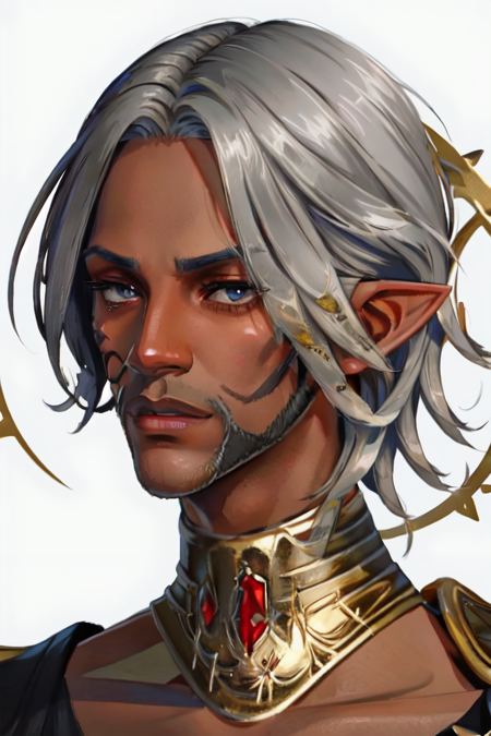 Urianger, looking at viewer, dark skin, tattoo, facial hair, dark-skinned male, portrait, beard, mature male, <lora:Urianger:1>