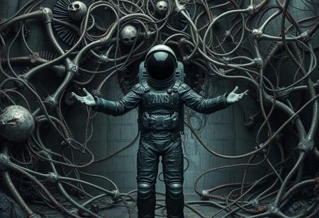 A lone astronaut stands amidst a chaotic fusion of organic and mechanical elements, enveloped in a dense web of twisted metallic and skeletal structures. The scene captures a surreal blend of sci-fi and dystopian aesthetics, reminiscent of impressionist styles with an emphasis on raw textures and dramatic contrasts. The color palette leans heavily on shades of gray and muted earth tones, interspersed with hints of glimmering silver and deep shadows, creating a haunting, otherworldly atmosphere. The astronaut, clad in a sleek, dark suit with visible intricate details, extends their arms towards the menacing tangle of wires and bones that dominate the background, hinting at a complex relationship between man and machine. The composition evokes a sense of isolation and intrigue, inviting viewers to ponder the narrative behind this eerie, mechanized environment.