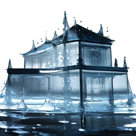 a (watercd:1.2, brightness, transparent:1.3) villa, building model, (abstract:1.3), (solo:1.2), standing, water drop, dropping, <lora:watercd-000010:0.9>, no humans, high quality, masterpiece, realistic, photorealistic, (outdoors, on the surface of the water, the water splashed in all directions, full  body, close-up),