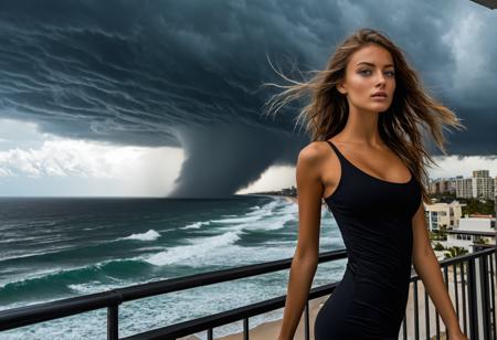 fteigtsloft 1girl solo realistic 24 year old, supermodel, very skinny, petite, hair, breasts, eyes, best quality, RAW photo, subject, 8k uhd, high quality, photorealistic, tycoon, A hurricane barreling toward a coastal city, dark clouds swirling above, winds howling through the streets, Diffused natural light shot <lora:fteigtsloXLrd:0.7>