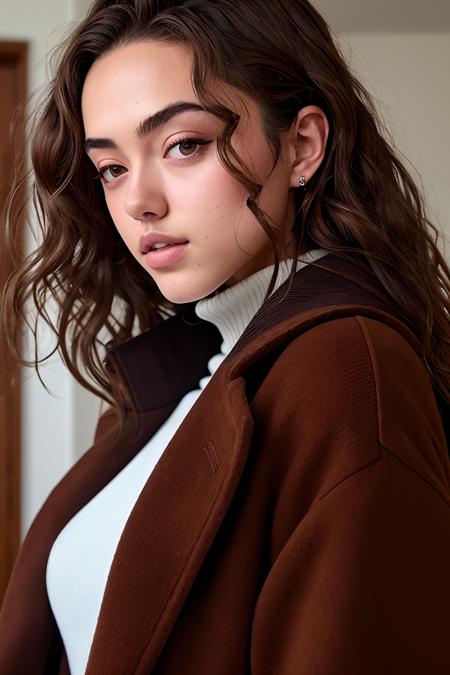 photo of (k1d4vis-2100:0.99), a woman, RAW, close portrait photo, long brown coat, turtleneck sweater, trousers, (high detailed skin:1.2), 8k uhd, dslr, soft lighting, high quality, film grain, Fujifilm XT3 sharp focus, f 5.6