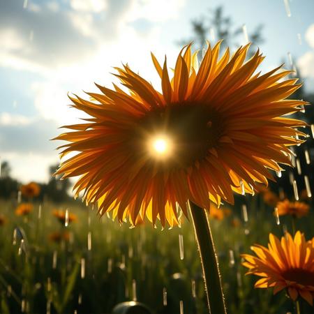 Highly detailed. Summer day. Slavic sun in summer nature in rain. Focus to the sun. Cinematic. Hyperrealistic