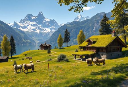 Ultra realism, high quality, high resolution 8K and above, stable and accurate focus, ultra correct anatomy, super detail. A beautiful mountain scene with tall snow-capped peaks reflected in a crystal clear lake. In the foreground are green meadows dotted with wild flowers of various colors. Included in the landscape are houses built of stone and wood, architecturally designed to blend in with nature. The roofs of the houses are covered with thick grass and colorful flowers. Cows roam the meadow, and a flock of sheep, led by shepherd dogs, graze around. The trees around the houses are tall and green, with leaves that cast shadows on the houses. The sunlight illuminates the landscape, creating a warm and welcoming atmosphere.