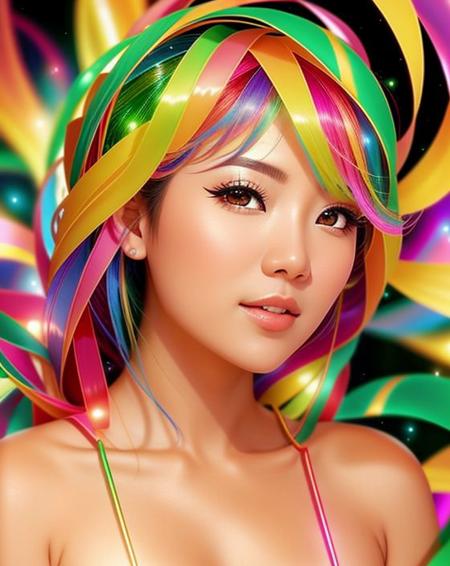 a beautiful Vietnamese woman in the sytle of (rainbow-candy:0.85), her hair as glowing ribbons