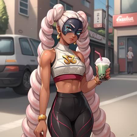 Twintelle_ARMS  dark skin, jewelry, long hair, earrings, mask, drill hair, white pink hair, crop top, tights