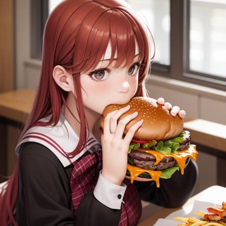 masterpiece, realistic, hyperrealistic, 1girl, red hair, japanese schoolgirl uniform , two-handed burger, eating, holding huge burger