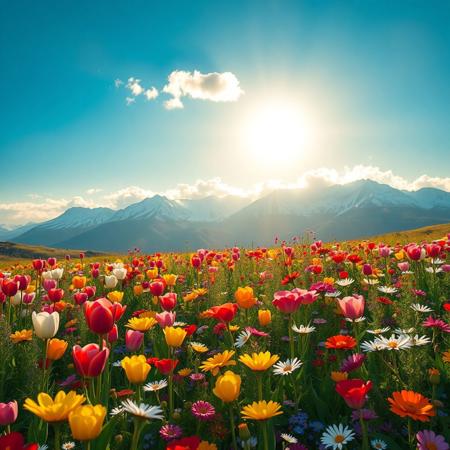 A breathtaking field of beautiful, vibrant flowers in full bloom — tulips, roses, daisies, and wildflowers of every color — gently swaying in the breeze. In the background, majestic snow-capped mountains rise under a bright blue sky with soft, fluffy clouds. The lighting is golden hour, casting a warm glow over the landscape. Ultra-realistic, high detail, vivid colors, 8k resolution, cinematic composition.