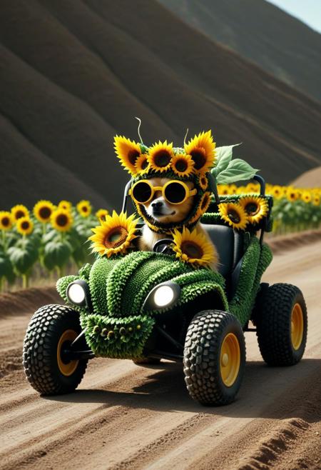 Made of Sunflowers, from side, closeup cute small 4WD buggy Made of Sunflowers, chihuahua driving, (wear round goggles:1.2), wear animal ears helmet Made of Sunflowers, run through on mountain dirt road, Dust, cinematic, cinematic lighting, (masterpiece, best quality:1.4), ultra-high res, 4k, Photorealistic, insanely detailed, sfw,