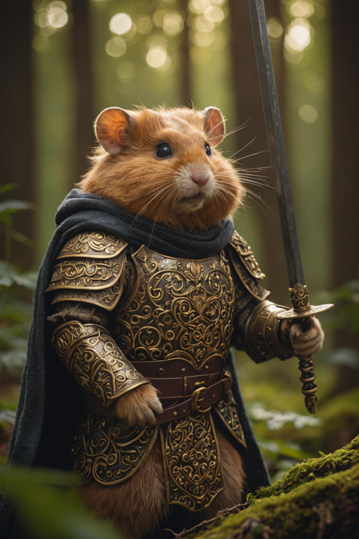 A hamster wearing a knight's armor and holding a sword.