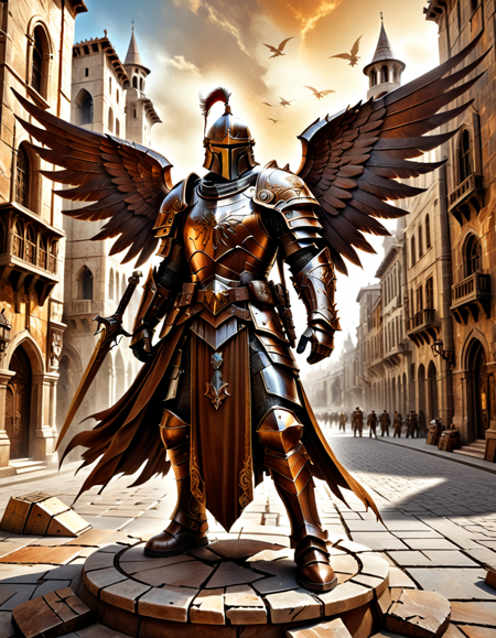 lazympos,high_quality,highres,beautiful,detailed,(masterpiece, best quality:1.2),absurdres,8k,HDR,retro,
brown marble background of a brown city (fantasy). In the center of background a brown full medieval armored knight,
with winged helmet,brown shield in left hand and a warhammer in right hand stays guarding the city.,
<lora:EpicF4nta5yXL:0.5>,<lora:SDXLFaeTastic2400:0.3>,<lora:lazympos:1>,<lora:dvr-rst:0.8>,dvr-rst