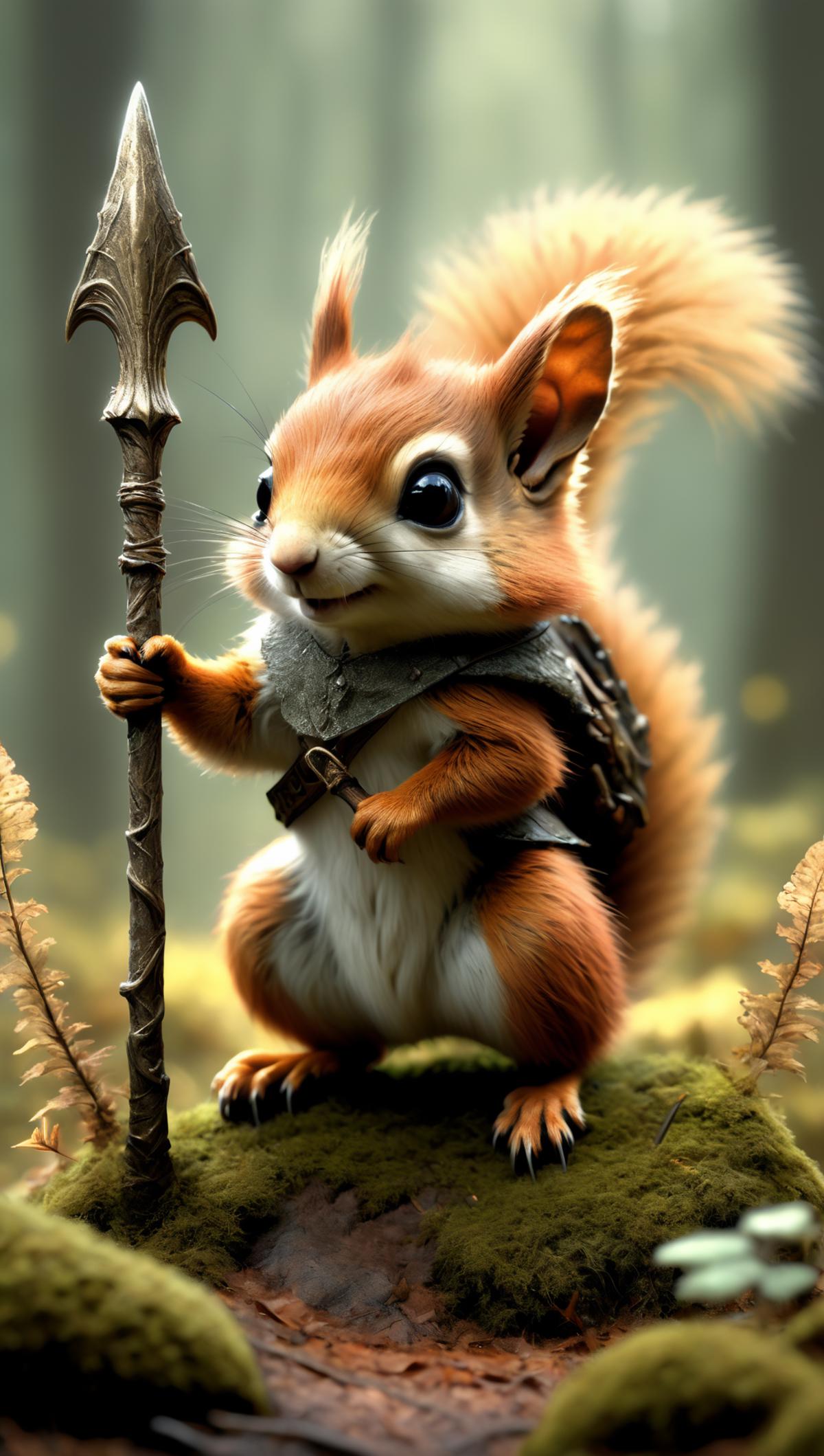 Squirrel with a stick and a backpack.