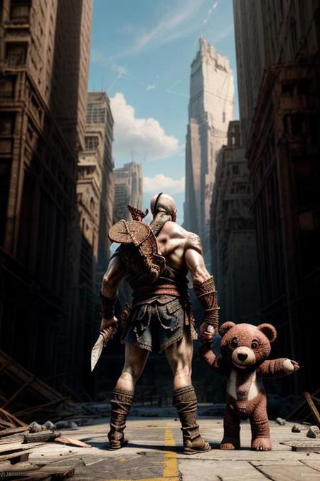 god of war, standing, hugging a pink teddy bear, against the backdrop of the (ruined city:1.1)
unreal engine
style of Artgerm
finely detail, ultra-detailed, highres