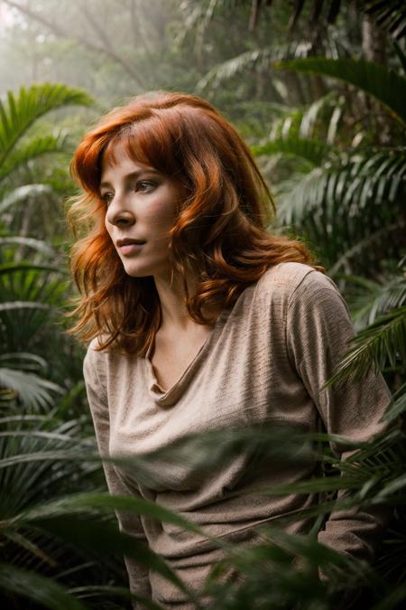 beauty ginger woman in jurassic jungle, jurassic park, heat, (skin texture:1.2), (high detailed skin:1.3), 19th century, ambient smoke, fog, (hyperrealism), cinematic, grain of old film, 8k uhd, dslr, retro color<lora:Mylene_Farmer_v2_640x960:0.85>